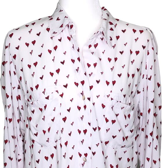 Just Living Red Hearts Long Sleeve Roll Tab Rayon Blouse - Picture 2 of 8